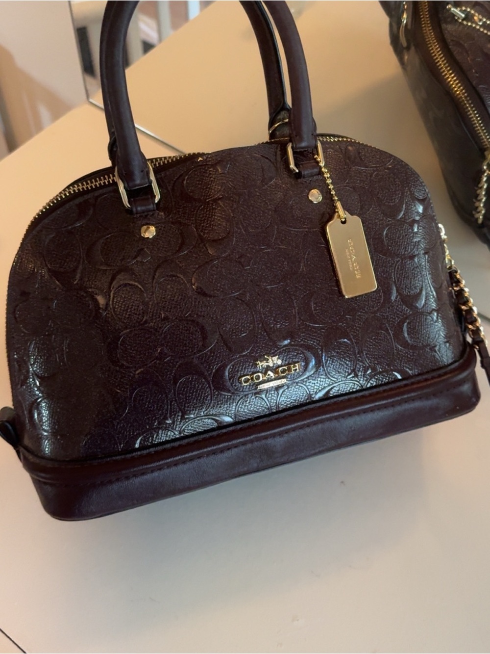 Coach Women's Signature Embossed Dome Satchel - Dark Brown